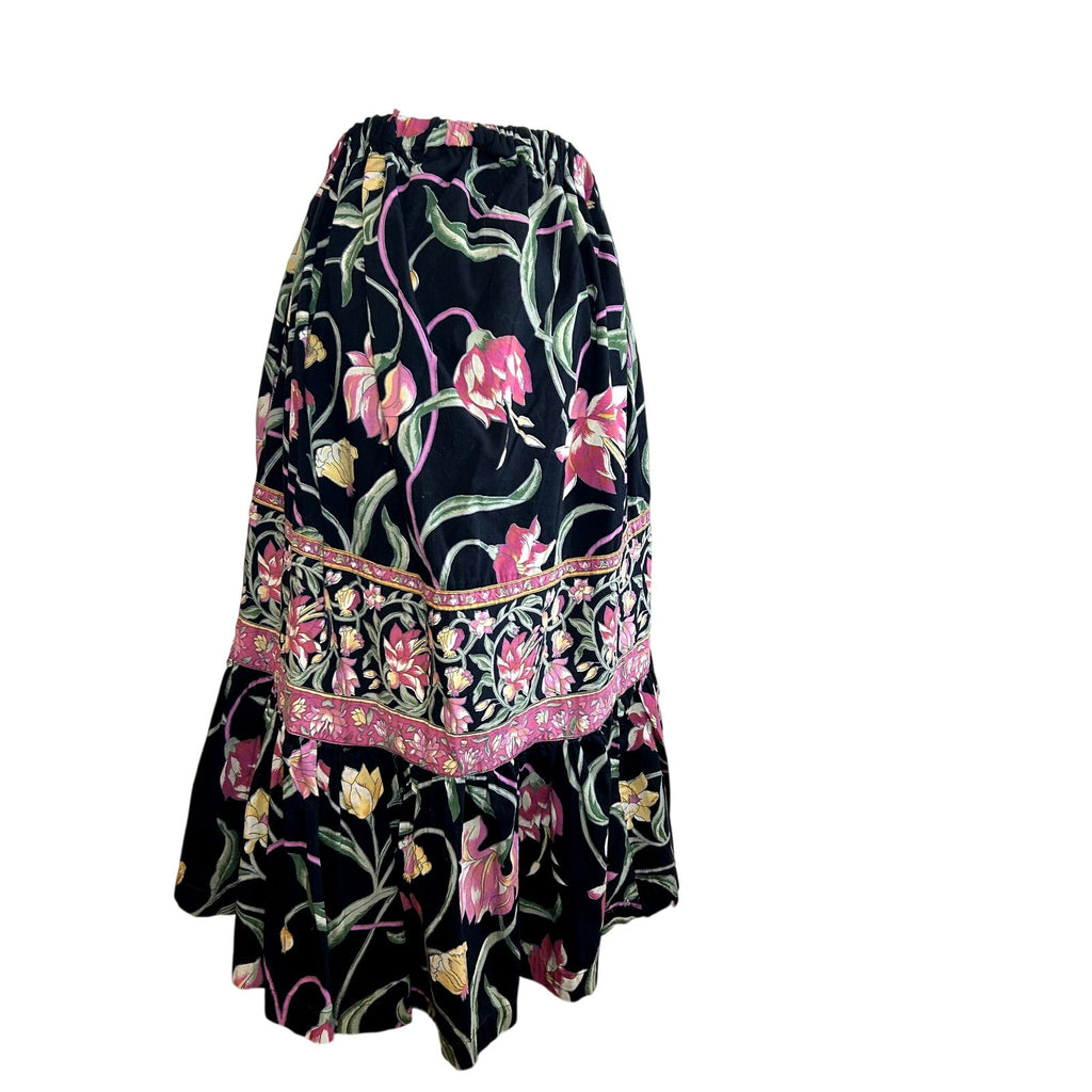 VTG 80s Upcycled M Black Pink Tiered Ruffle Midi Skirt A-Line Floral Boho Pocket