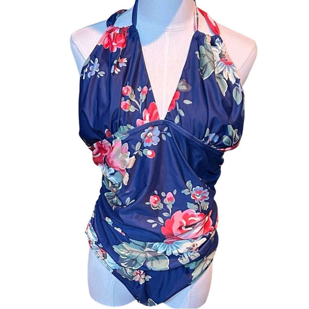 Eomenie Blue Floral One Piece Swimsuit Ruched Tummy Control Plus Size XL