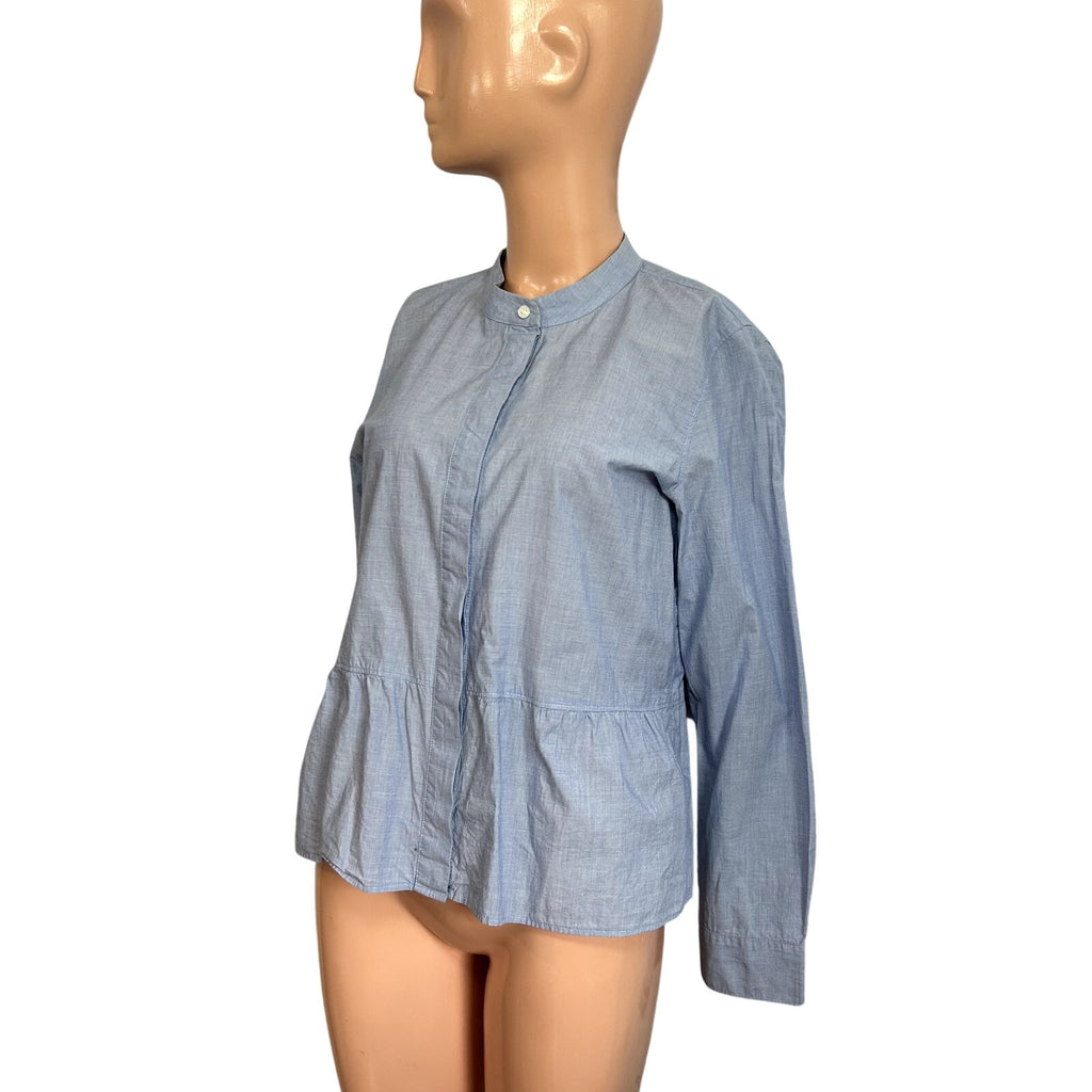 Madewell M Blue Top Mandarin Peplum Hem Minimalist Casual Monochrome Chambray
