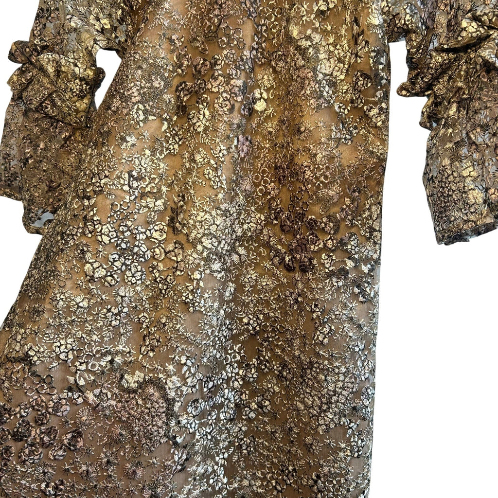 VTG 60s Metallic Floral Lace Dress Bell Sleeve Girls 12 14 or Women XXS Gold