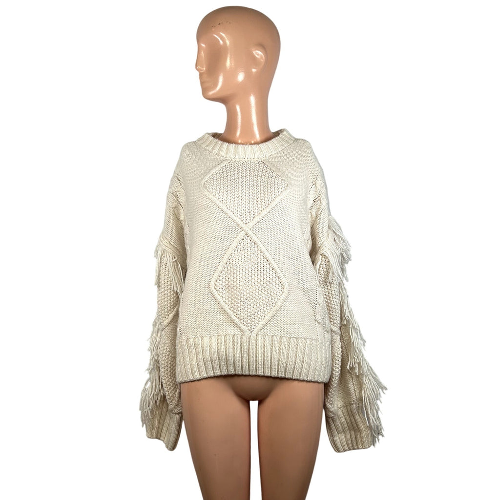 SugarLips M White Knit Fair Isle Fringe Fisherman Sweater Boho Chic Cottage