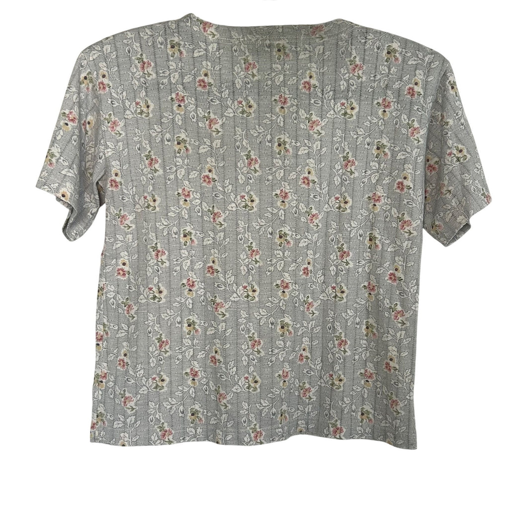 VTG Emerald Isle Grey Floral Ribbed Henley Top Small Grannycore 90s Shoulder Pad