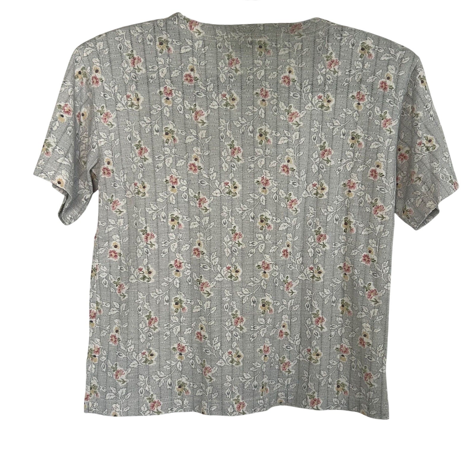 VTG Emerald Isle Grey Floral Ribbed Henley Top Small Grannycore 90s Shoulder Pad