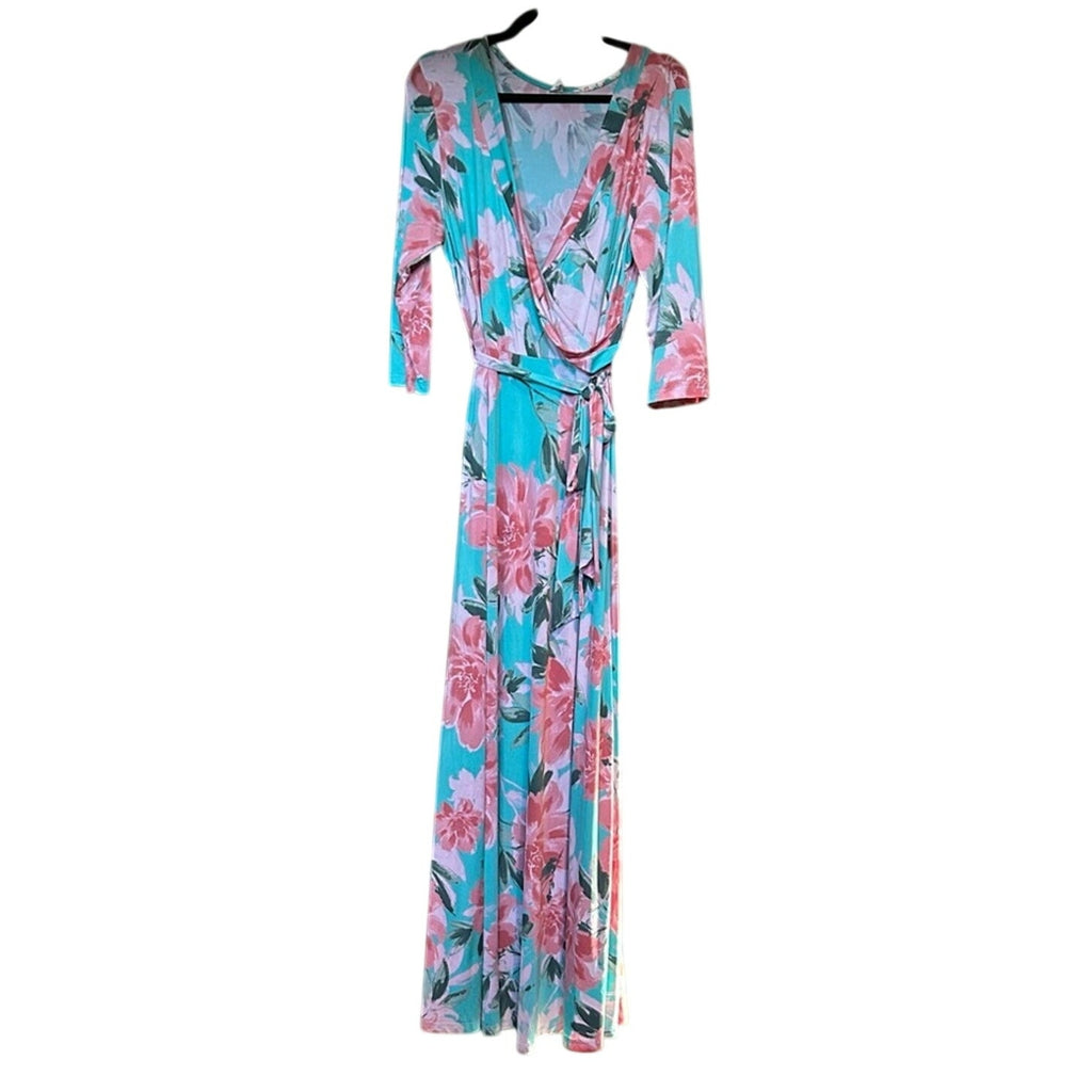 Pink Blue Floral Wrap Maxi Dress Plus Size 3X Stretchy Belted Bow Flowers Easter