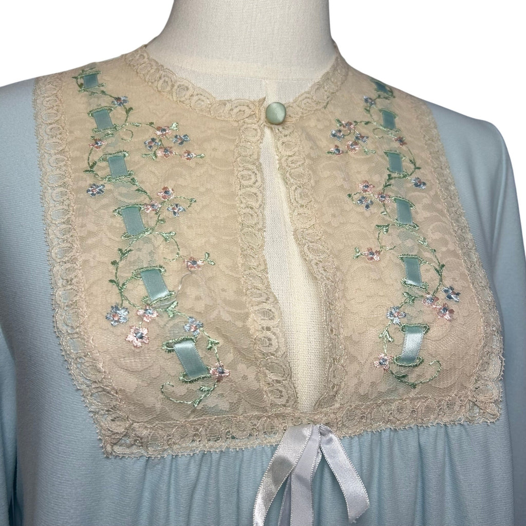 VTG 70s Blue Floral Lace Nightgown Sears XL Nylon Bridal Coquette Romantic Bow