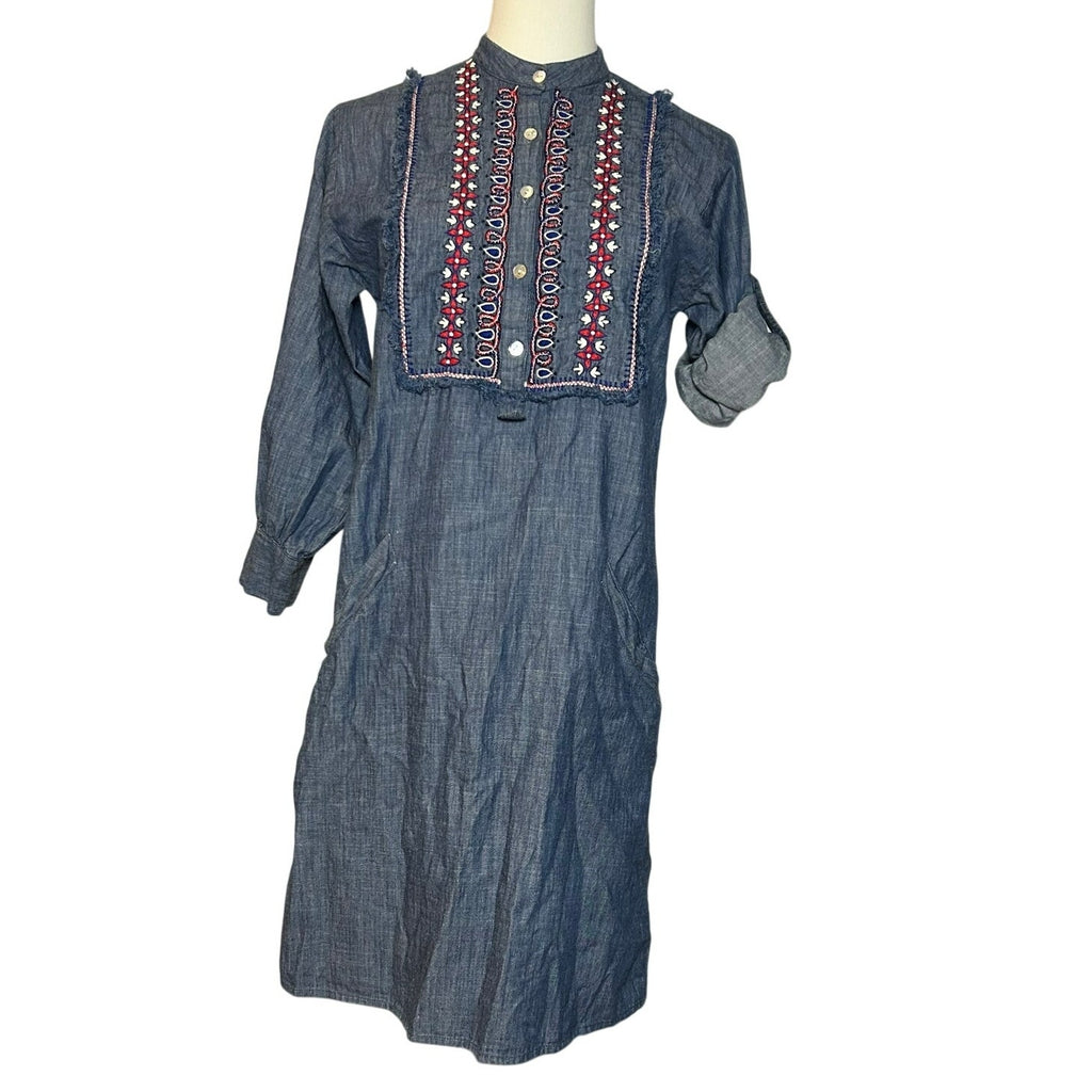 Banjanan Blue Multicolor Cotton Long Sleeve Pocket Dress Boho India Indie Retro