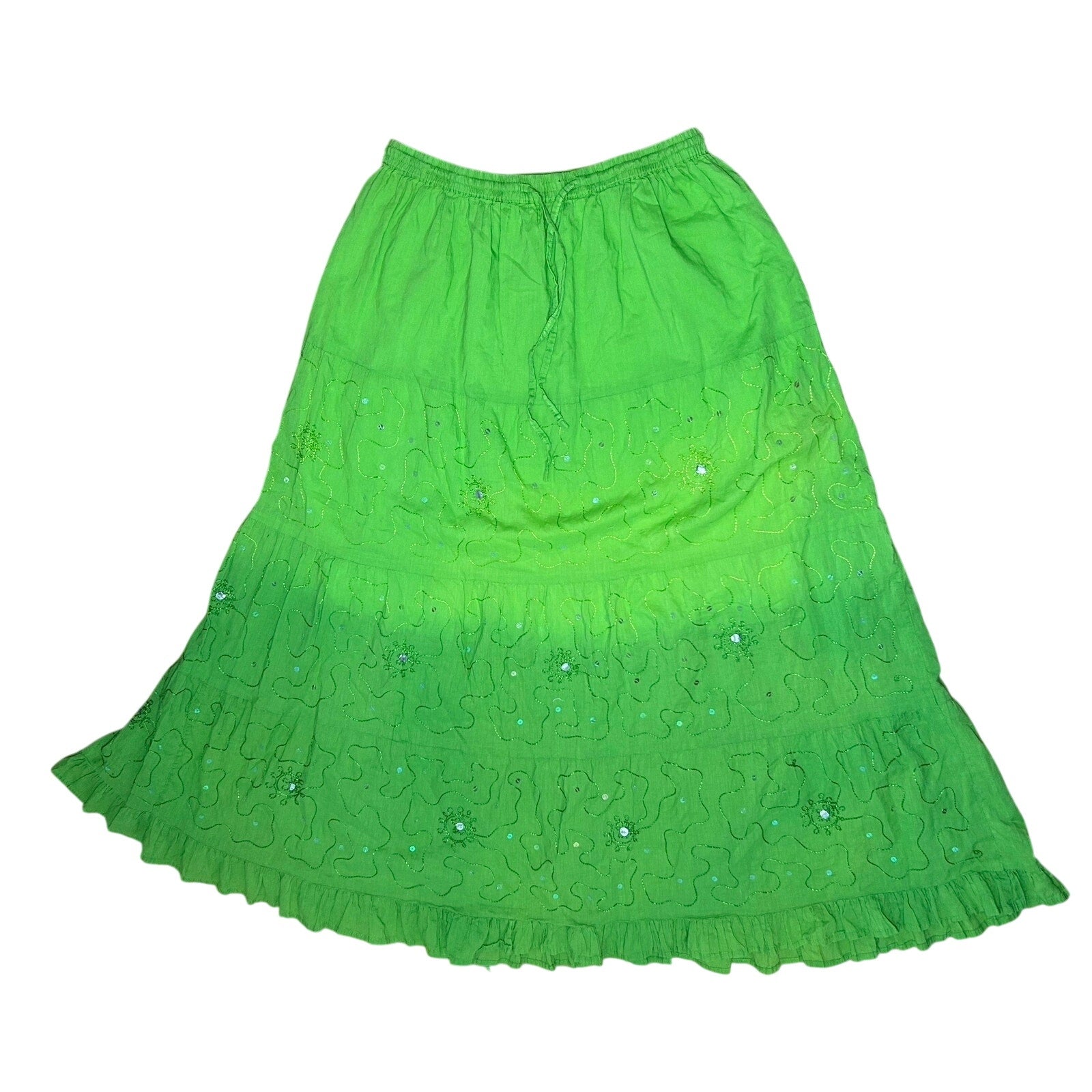 Green Ombre Broomstick L Maxi Skirt Sequin Embroidered Y2K Boho Fairy Grunge