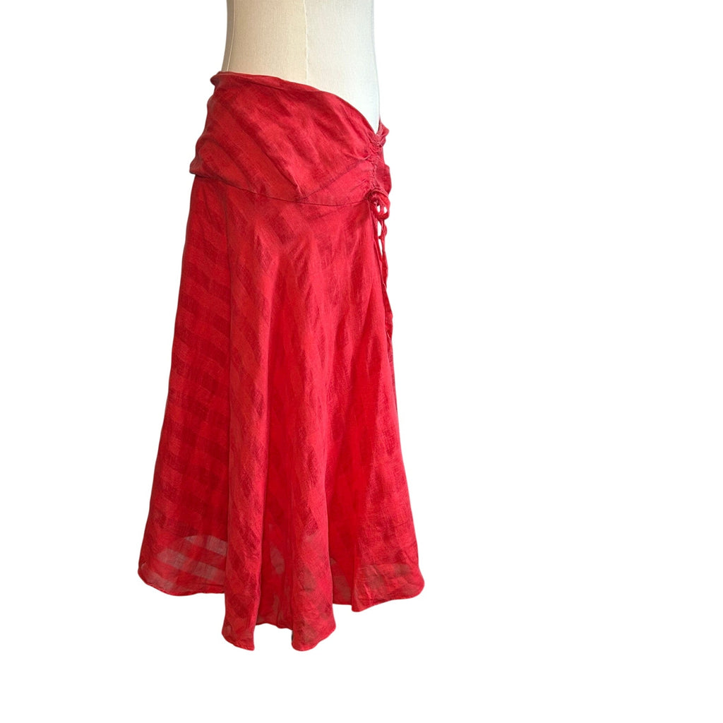 VTG Y2K Elegance Red Ruched A-Line Midi M Skirt Minimalist Casual Preppy Retro