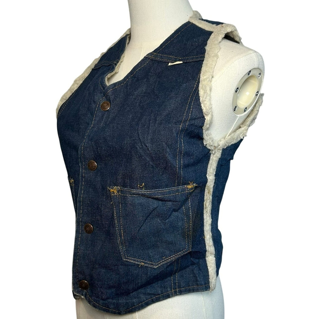 VTG 70s Nelson Denim Sherpa Vest Western Ranchcore Medium Workwear Biker Retro