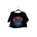 Black Colorful Wolf Graphic Raw Hem M Cropped Top T-Shirt Grunge Streetwear Y2K