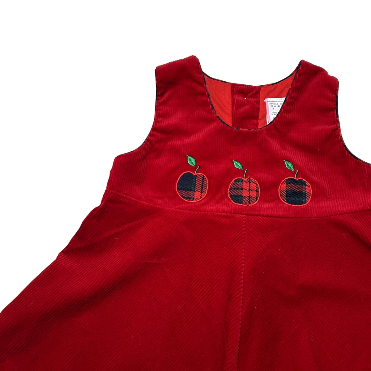 VTG 90s 24M Red Corduroy Embroidered Apple Buffalo Plaid A-Line Pinafore Dress