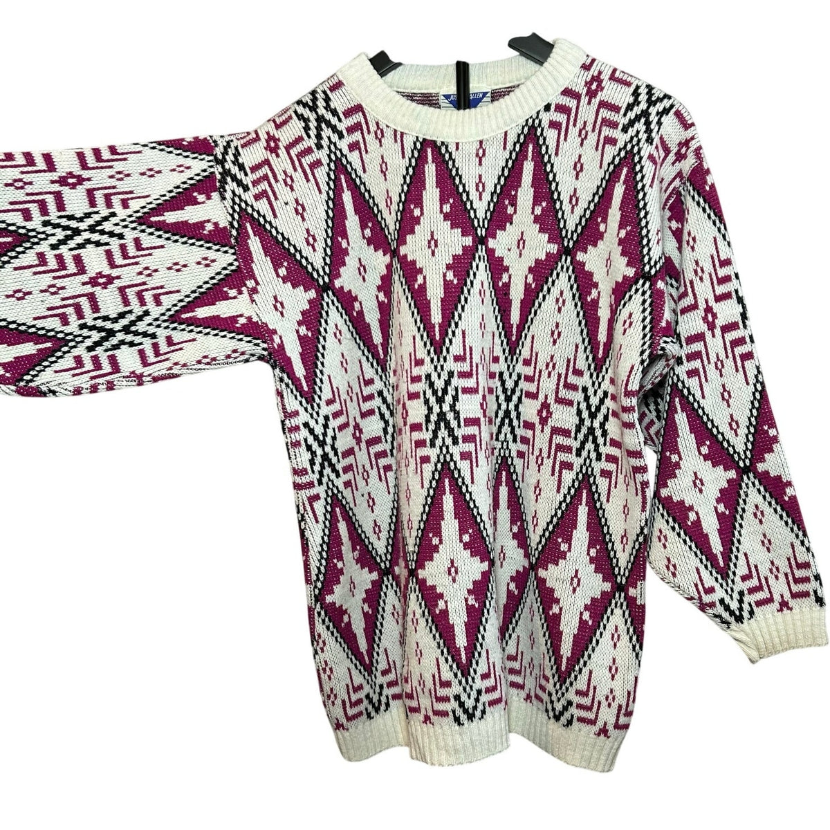 VTG 80s Justin Allen Geometric Diamond Sweater Made in USA Magenta White L