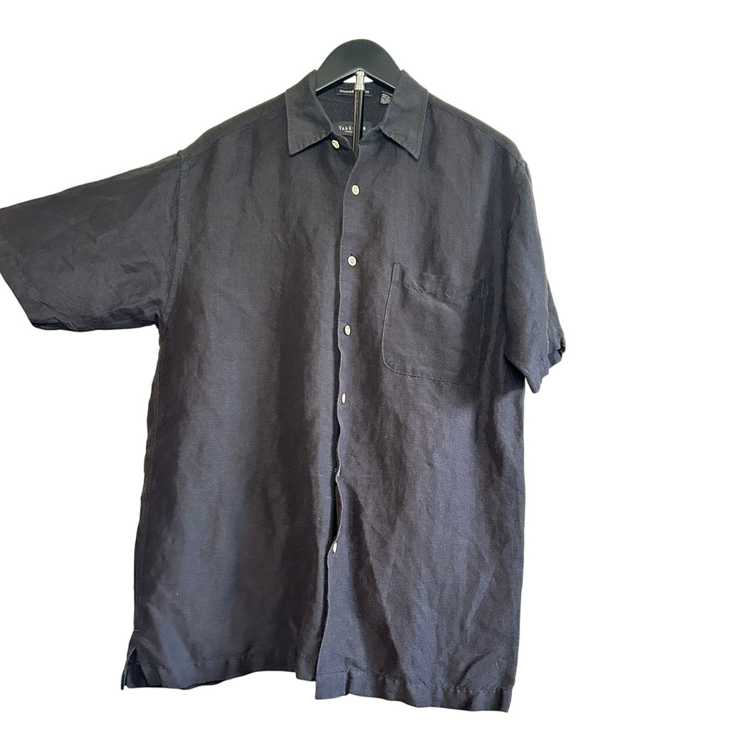 Van Heusen Black Linen Rayon Casual Button Down Shirt S Modern Minimalist Preppy