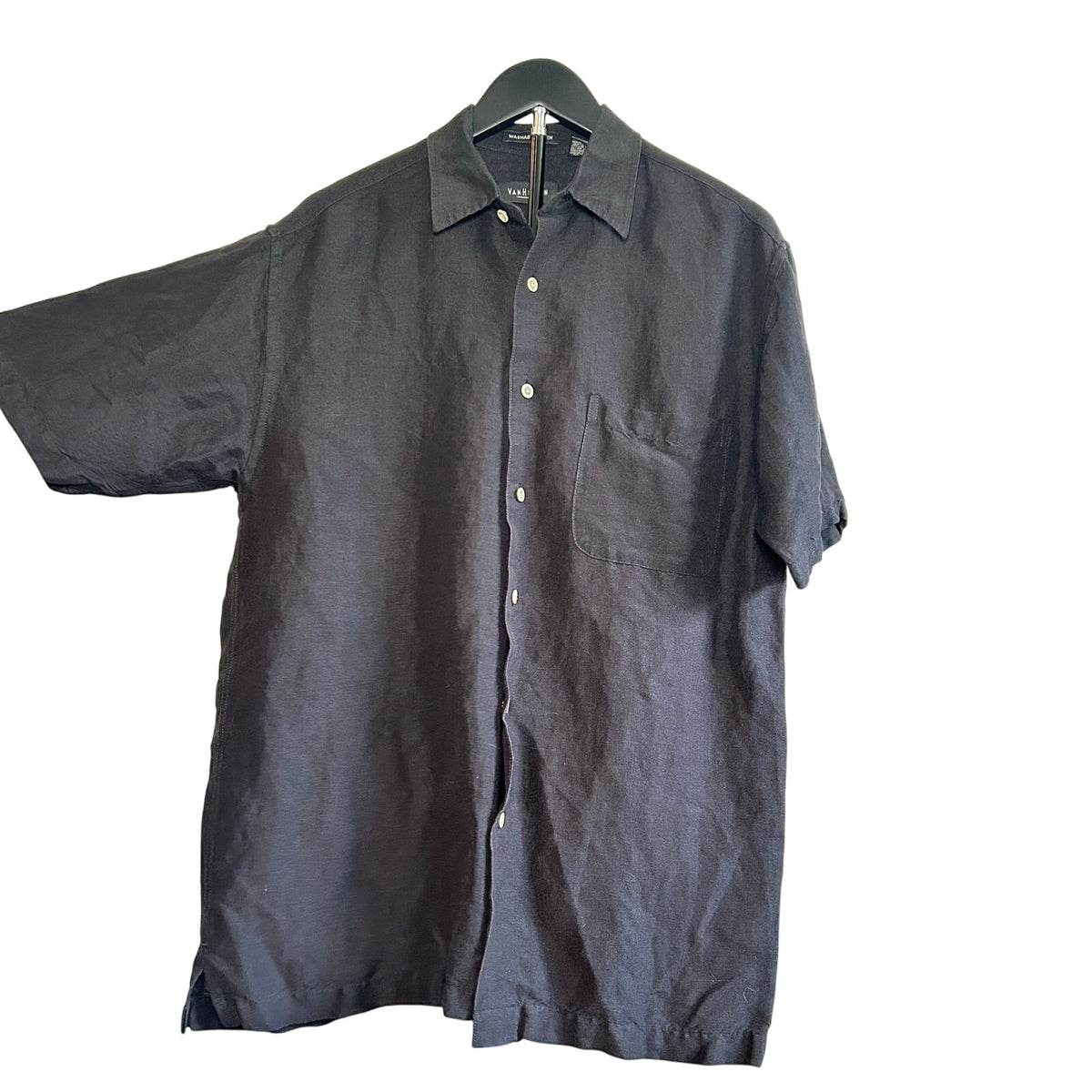 Van Heusen Black Linen Rayon Casual Button Down Shirt S Modern Minimalist Preppy