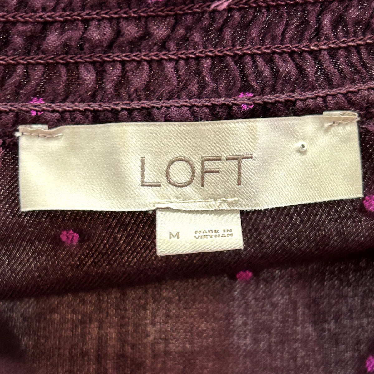 LOFT M Purple Blouse Swiss Dot Smocking Coquette Ruffle Feminine Chic Clown Boho