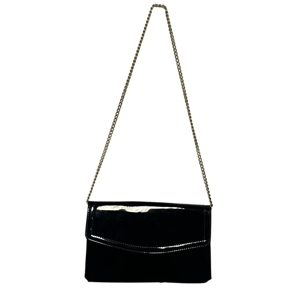 VTG 70s Patent Leather Black Gold Chain Convertible Clutch Shoulder Bag Purse