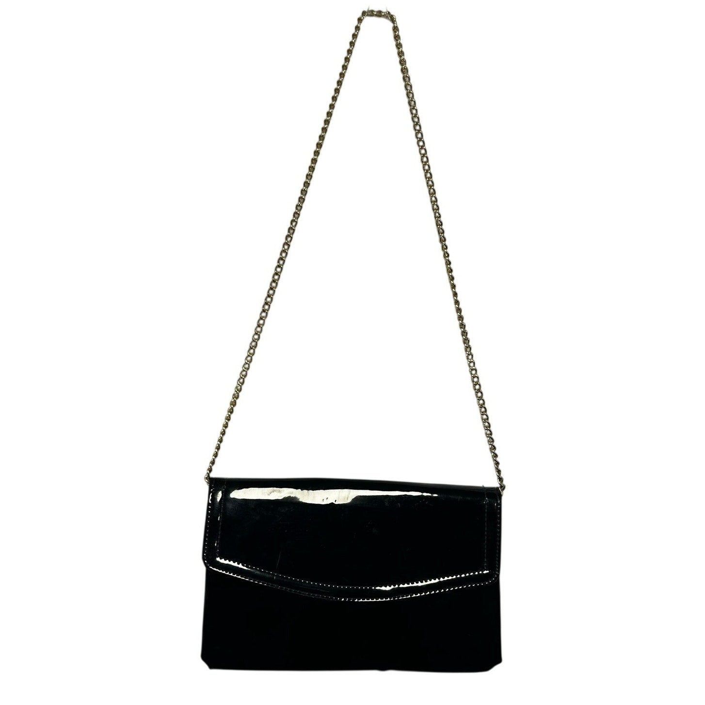 VTG 70s Patent Leather Black Gold Chain Convertible Clutch Shoulder Bag Purse