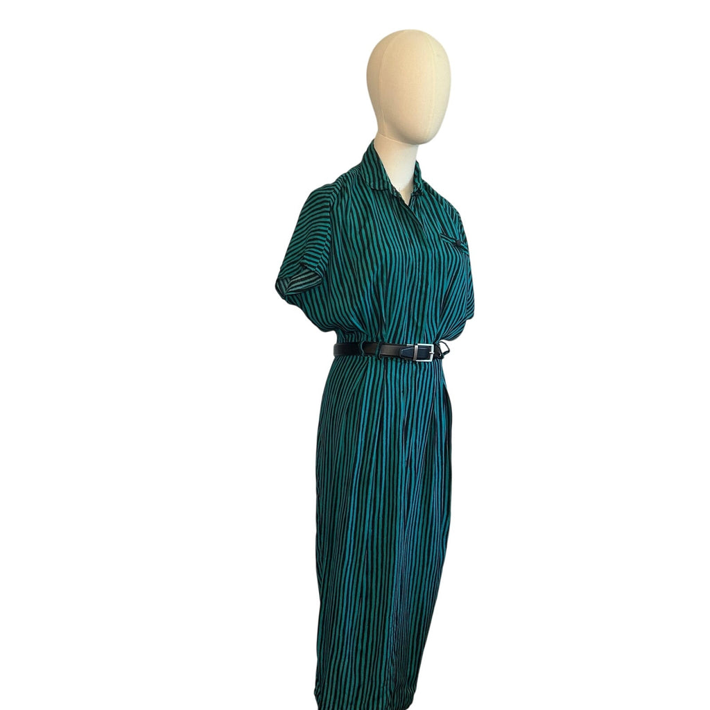 VTG 80s Scarlett Green Black Striped Rayon Midi Dress S Retro Boho Whimsigoth