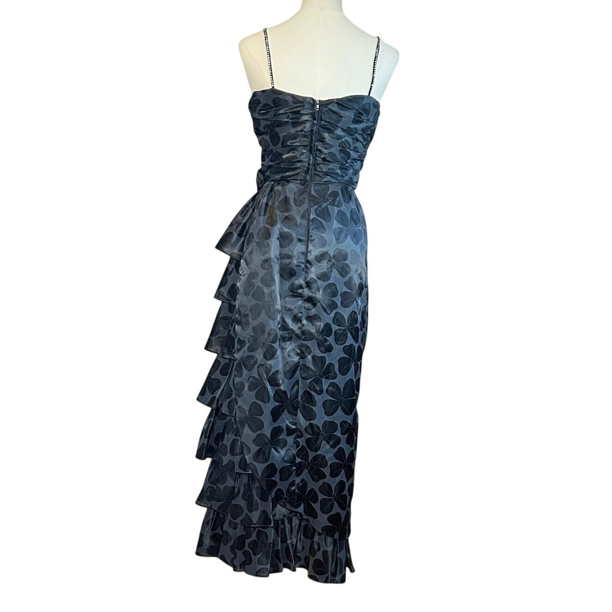 VTG 80s Black Floral Jacquard Prom Gown 2 Romantic Feminine Goth Glam Coquette