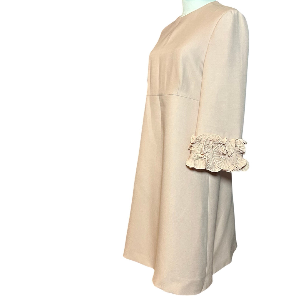 Auth Valentino A Line Dress Pink 44 Wool Silk Ruffle Sleeve Coquette Luxury Glam