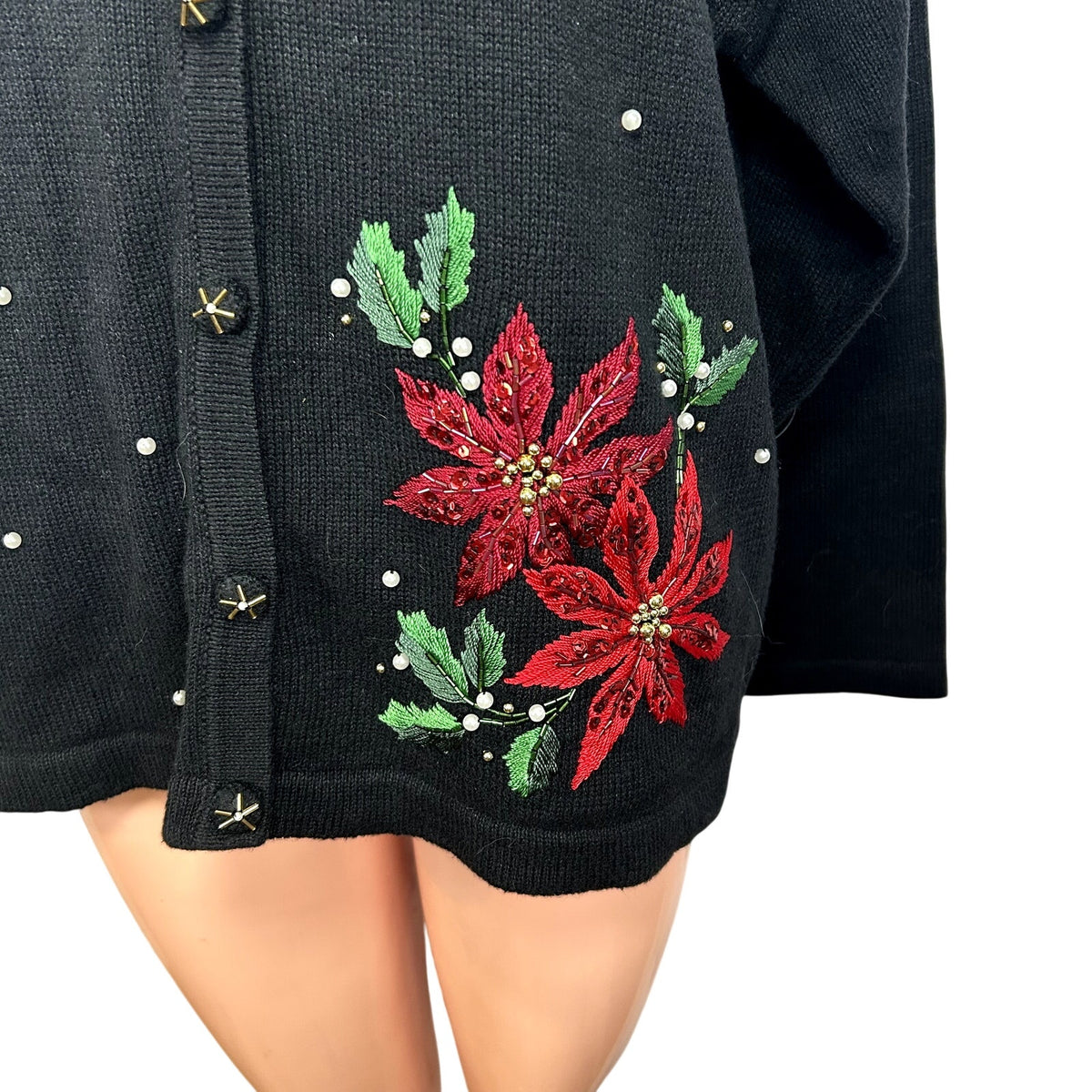 VTG 90s B.P. Design M Black Poinsettia Beaded Christmas Cardigan Faux Fur Collar