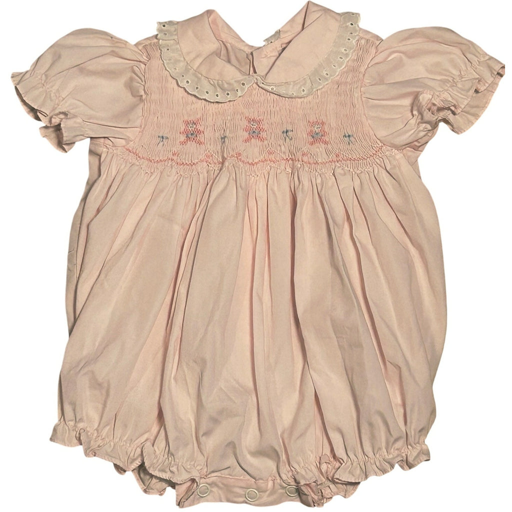 VTG 70s Baby Girl Pink Smocked Romper Teddy Bear Puff Sleeve Cottage Coquette