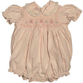 VTG 70s Baby Girl Pink Smocked Romper Teddy Bear Puff Sleeve Cottage Coquette