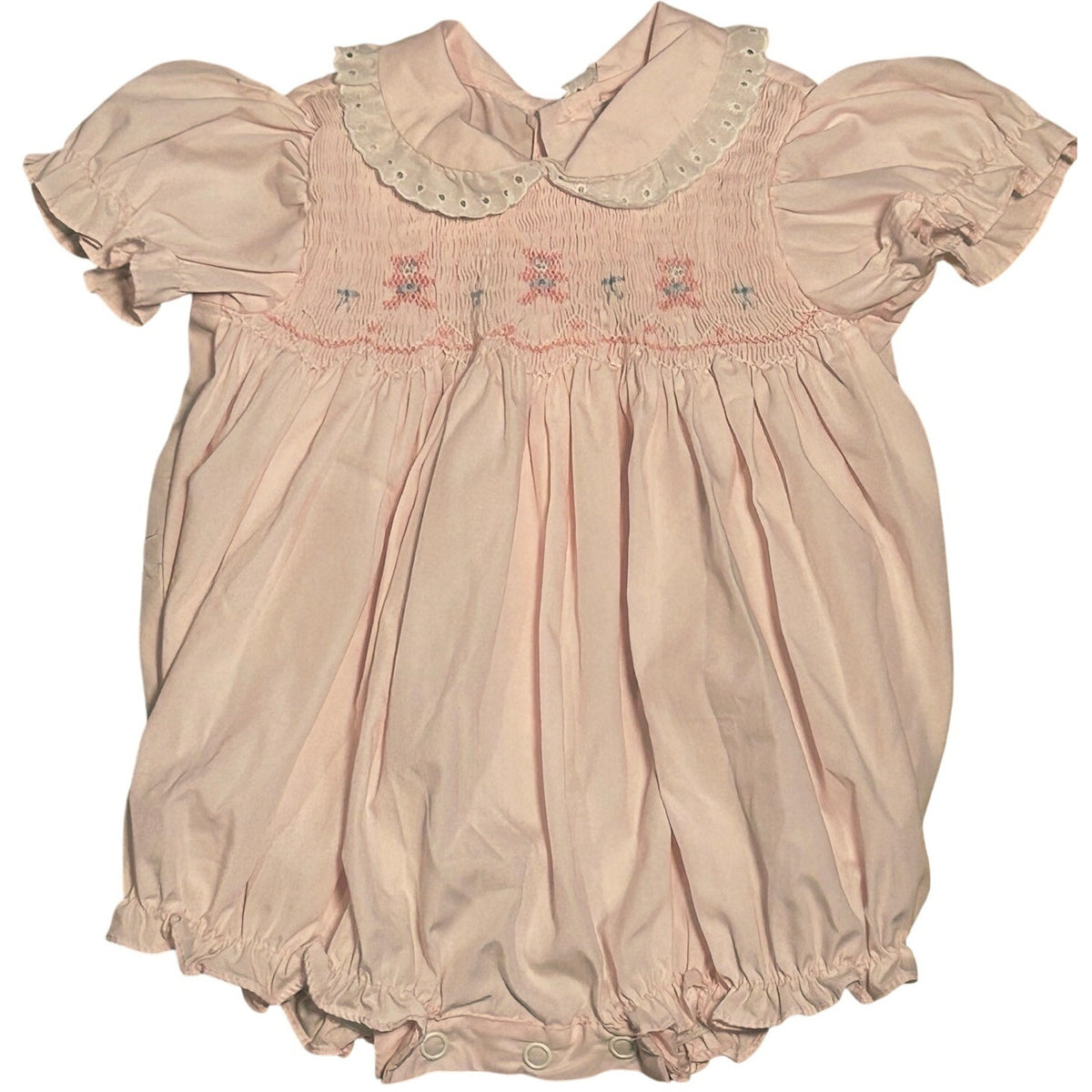 VTG 70s Baby Girl Pink Smocked Romper Teddy Bear Puff Sleeve Cottage Coquette