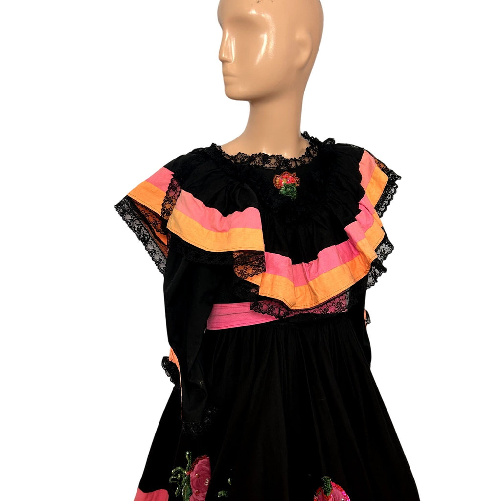 VTG 70s Vintage XS Black Pink Mexican Folkloric Flounce Sequin Dress Retro