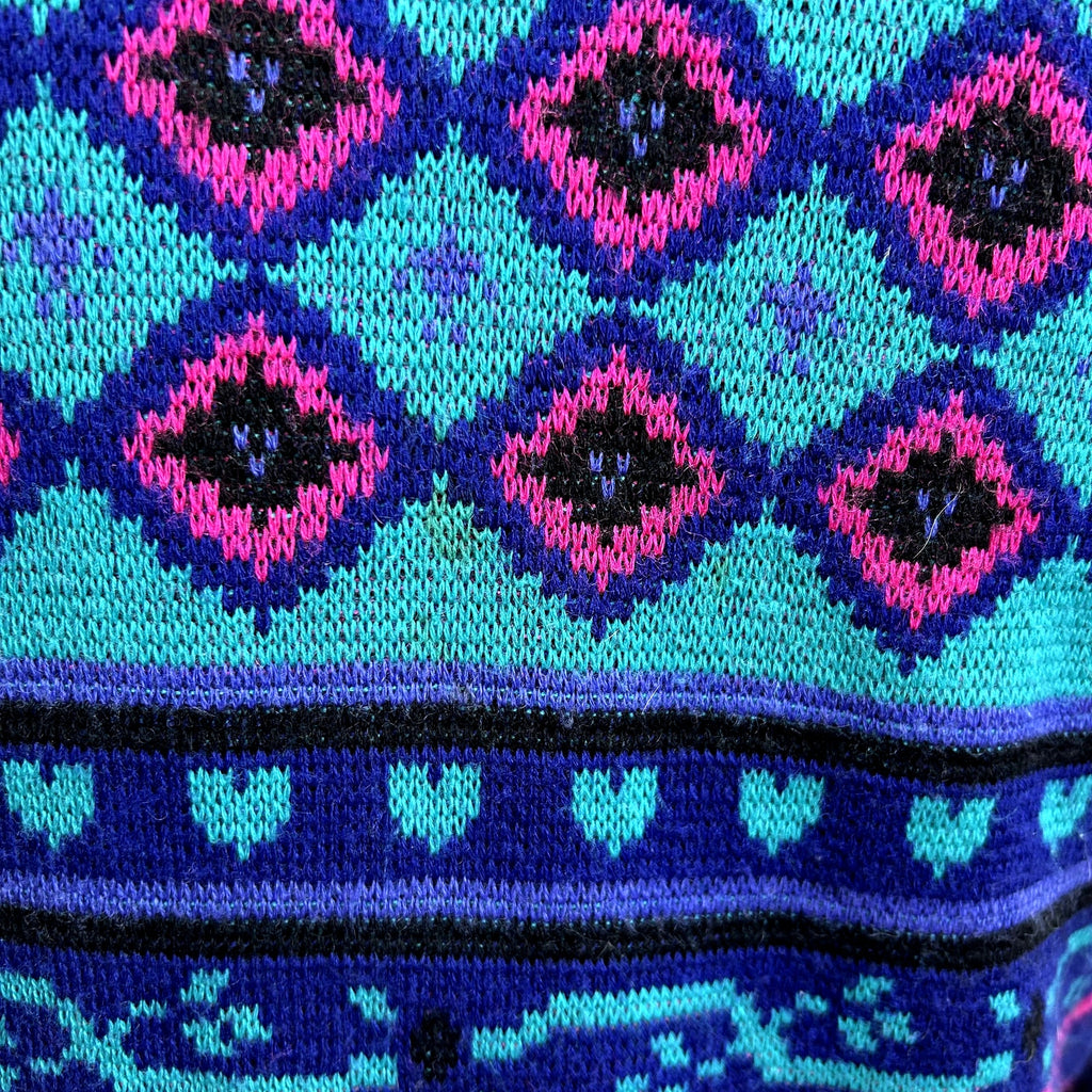 VTG 80s Meister M Purple Teal Maximalist Patterned Wool Knit Retro Cozy Sweater