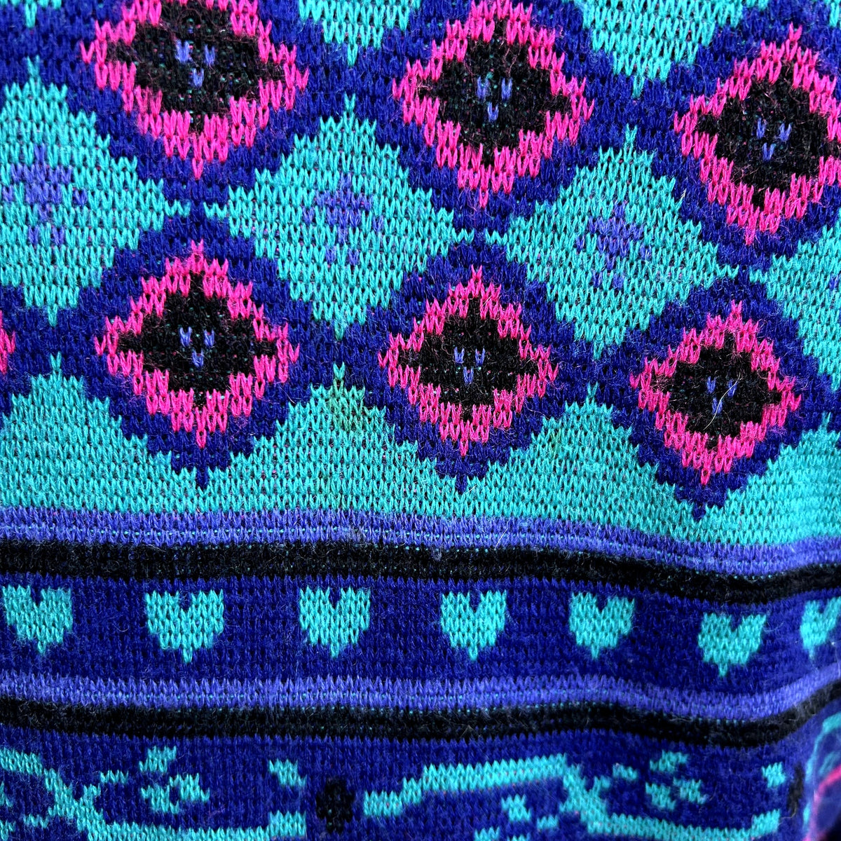 VTG 80s Meister M Purple Teal Maximalist Patterned Wool Knit Retro Cozy Sweater