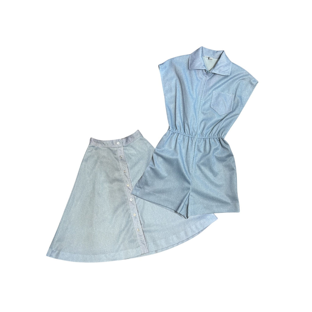 VTG 70s Blue Skirt Romper 2Pc Set Small Retro Preppy Twee Casual Indie Sleaze