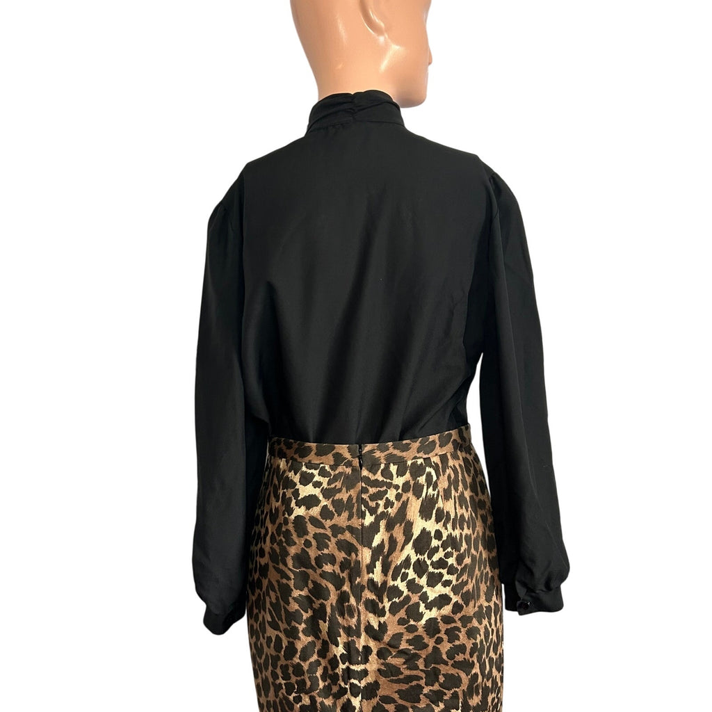 VTG 80s Laura Mae Black Mock Neck L Button Down Pleated Top Dark Academia