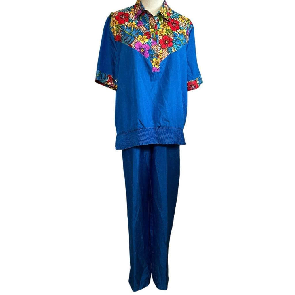 VTG 70s Bechamel 3pc Floral Set Whimsigoth Blue Tropical Jacket Shirt Pants Boho