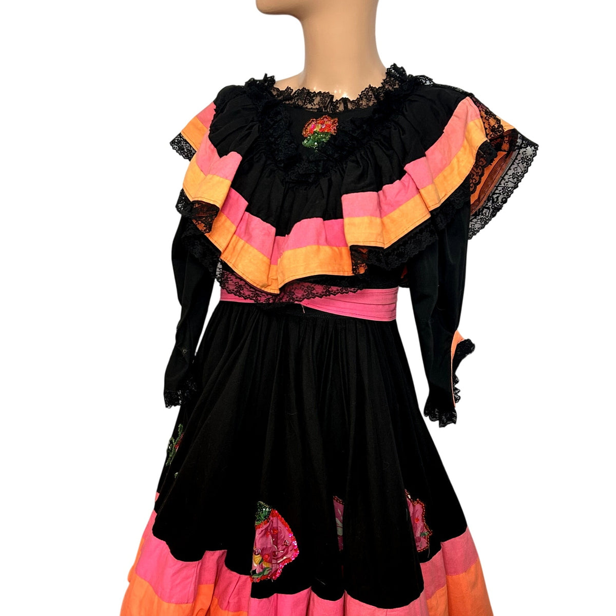 VTG 70s Vintage XS Black Pink Mexican Folkloric Flounce Sequin Dress Retro