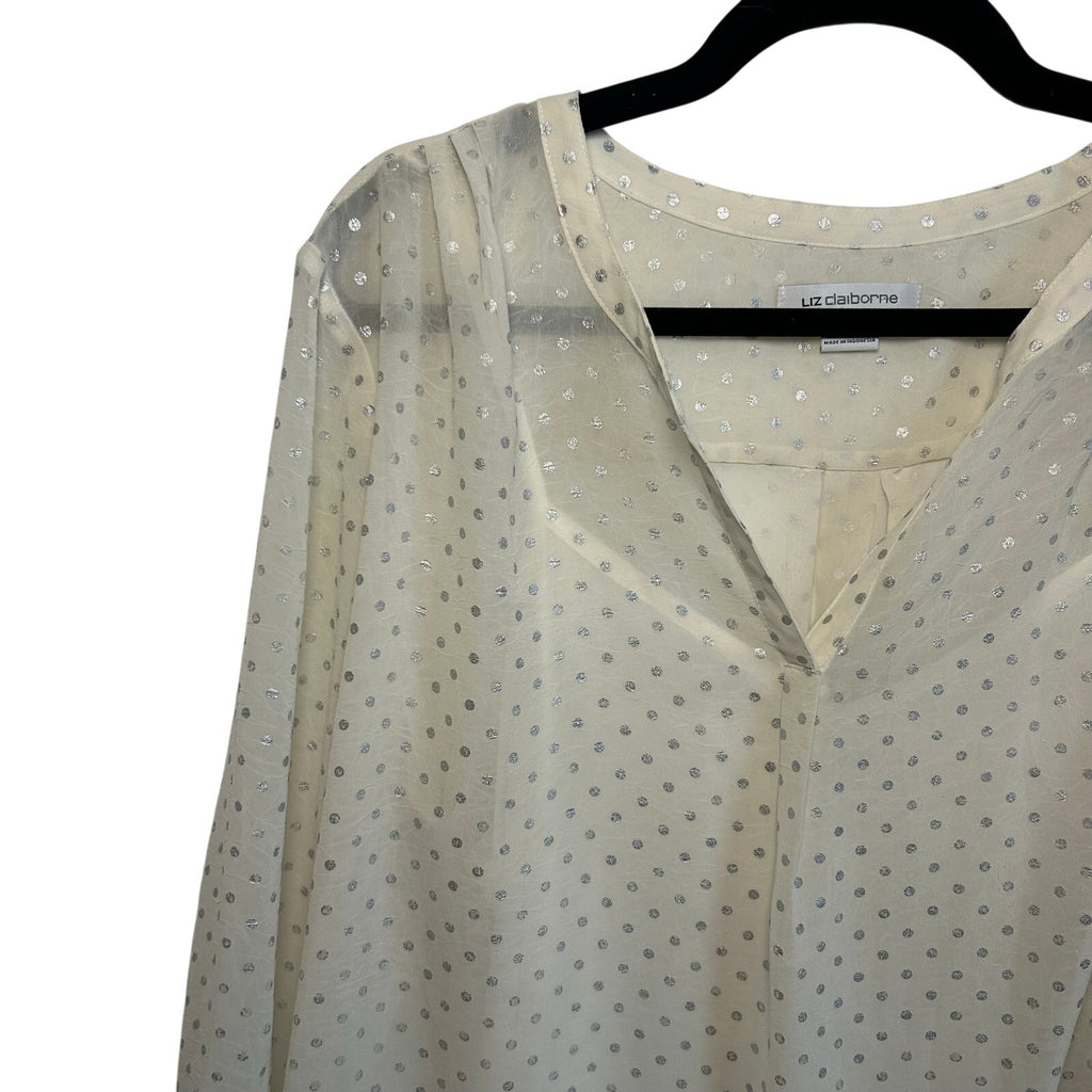 Liz Claiborne Polka Dot Blouse XL White Silver Vintage Cami Overlay Retro Top