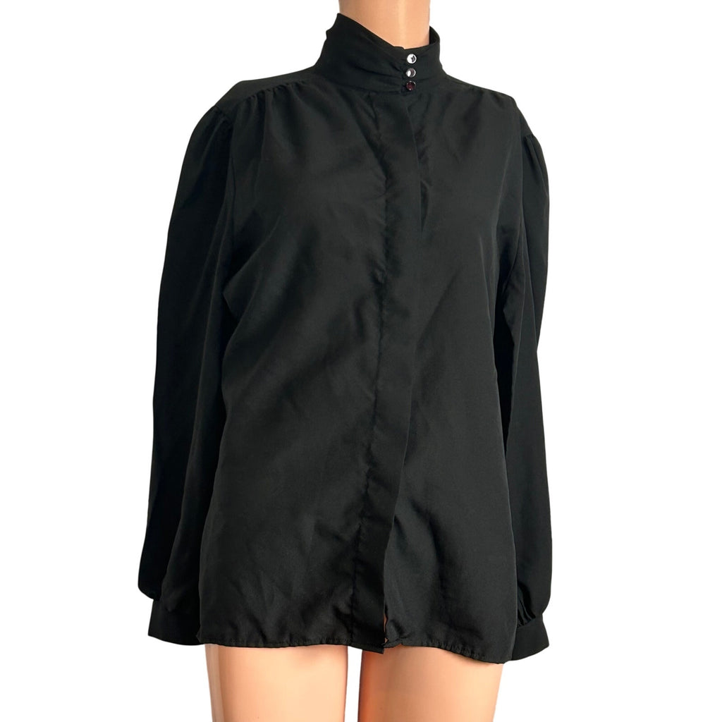 VTG 80s Laura Mae Black Mock Neck L Button Down Pleated Top Dark Academia