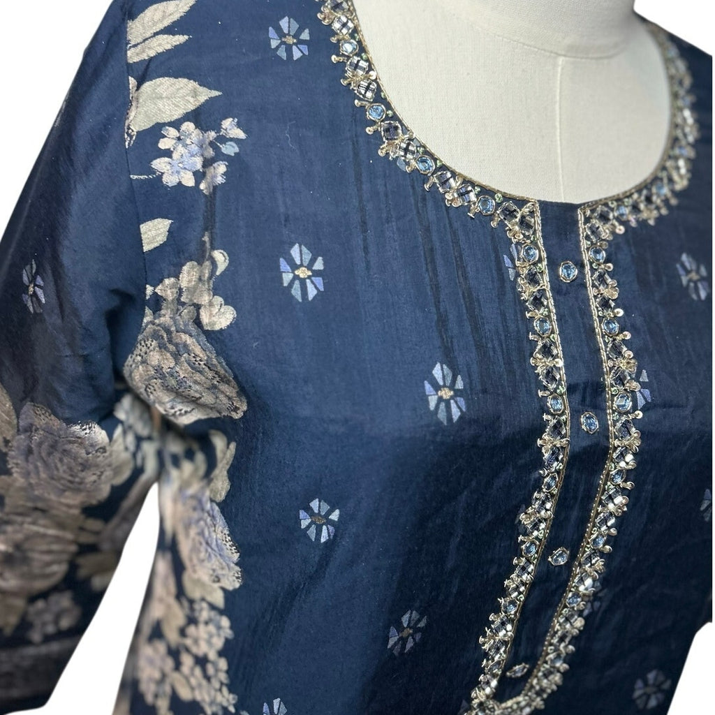 Hoondee Navy Blue Floral Embellished Kurti Tunic Dress
