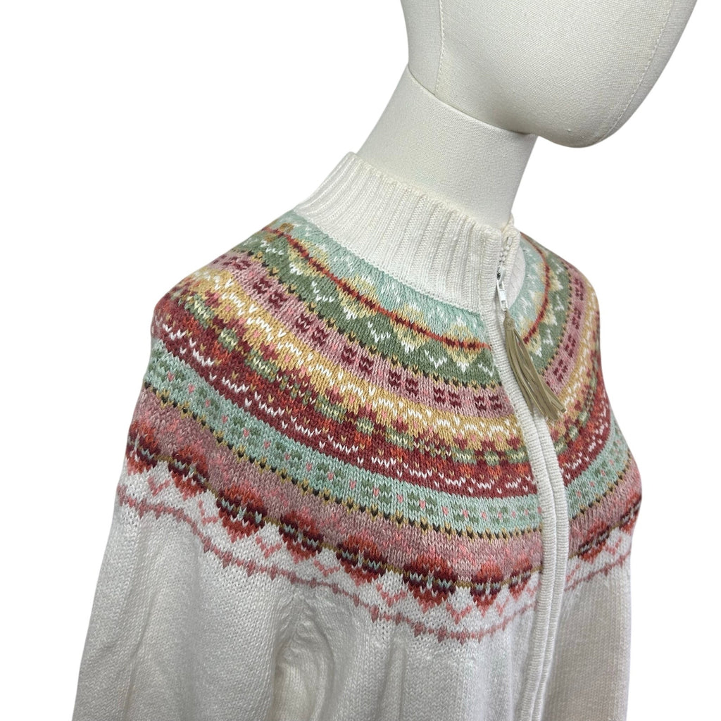 VTG Y2K Tiara International L White Fair Isle Cardigan Sweater Full Zip Grandma