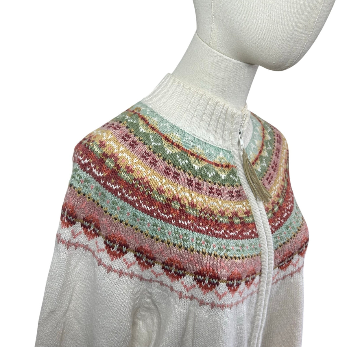 VTG Y2K Tiara International L White Fair Isle Cardigan Sweater Full Zip Grandma