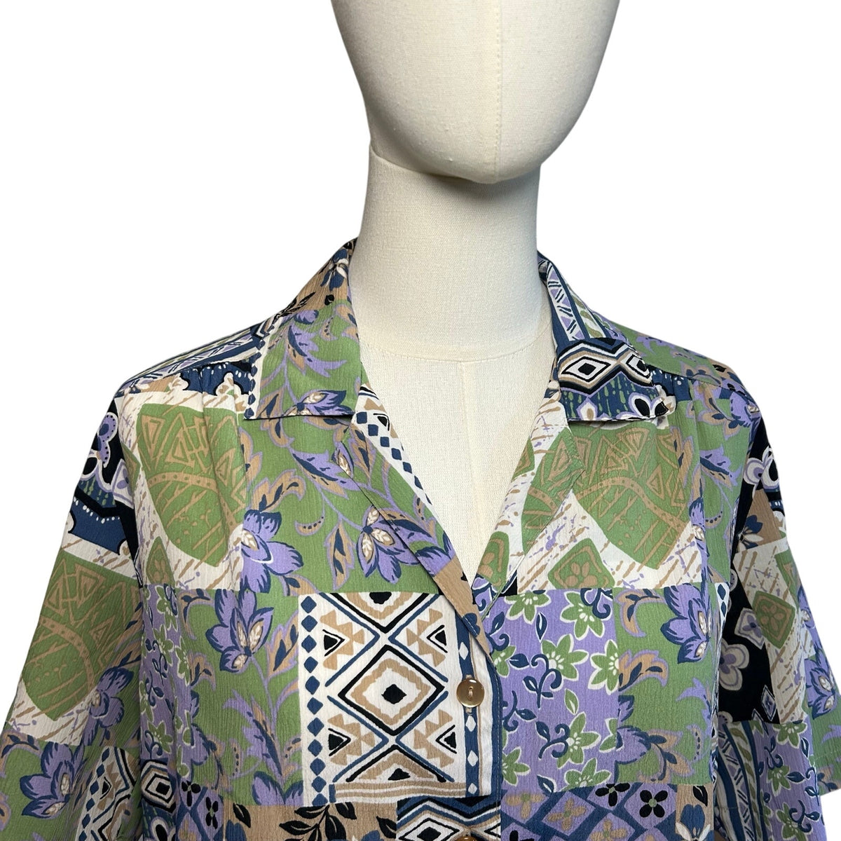 VTG 90s DonnKenny L Purple Green Patchwork Print Top Indie Maximalist Retro Boho