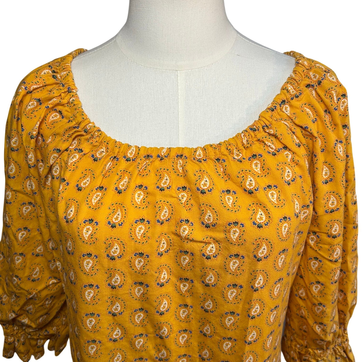 VTG 70s Yellow Maxi Paisley Dress L Cottage Boho Handmade Peasant Prairie Retro