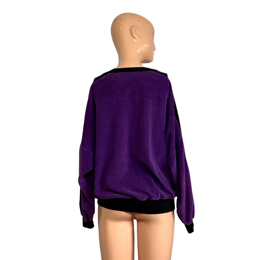 VTG 80s Como Sport M Purple Black Velour Top Colorblock Batwing Casual Retro