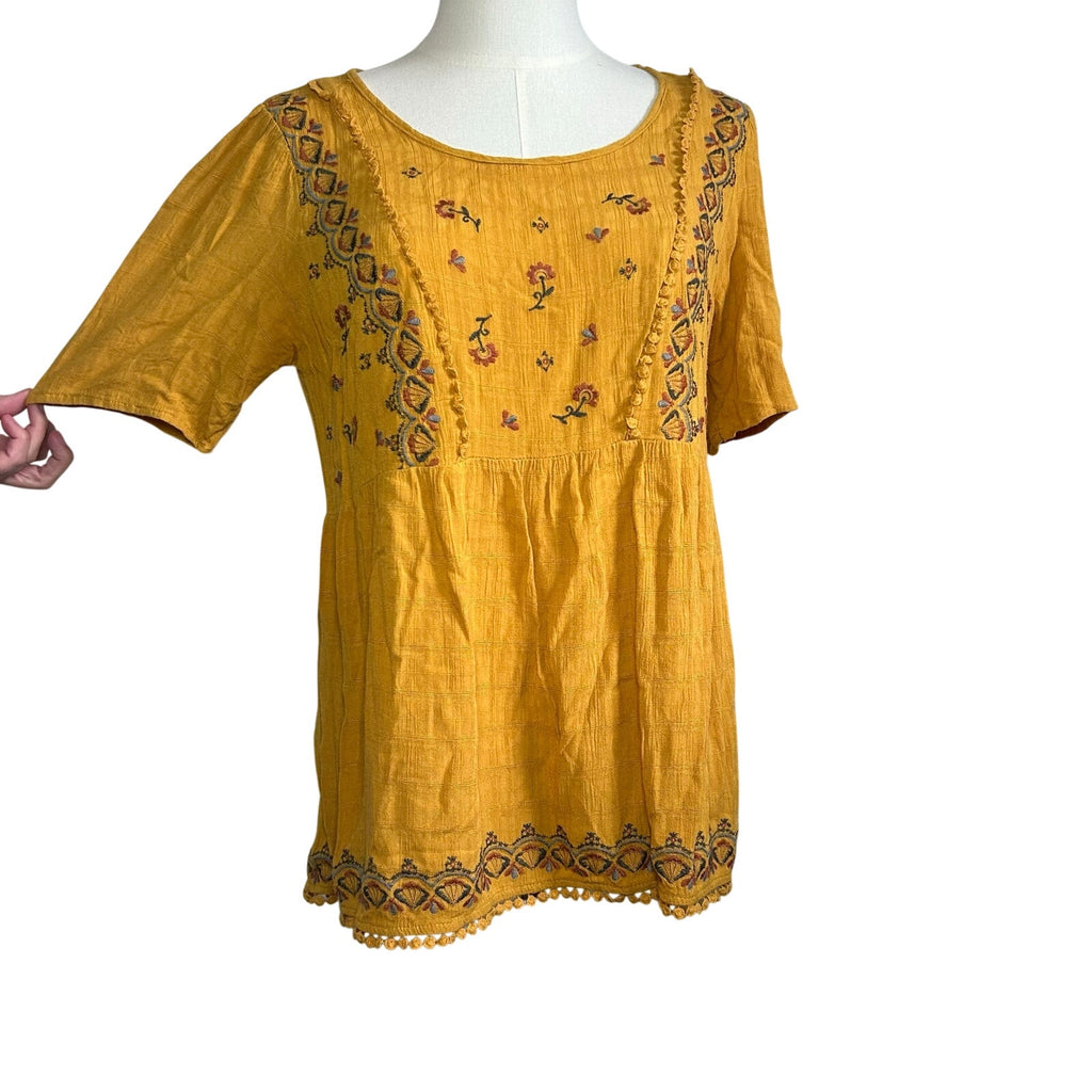 Knox Rose M Yellow Embroidered Tunic Top Boho Peasant Cottage Fairy Indie Casual