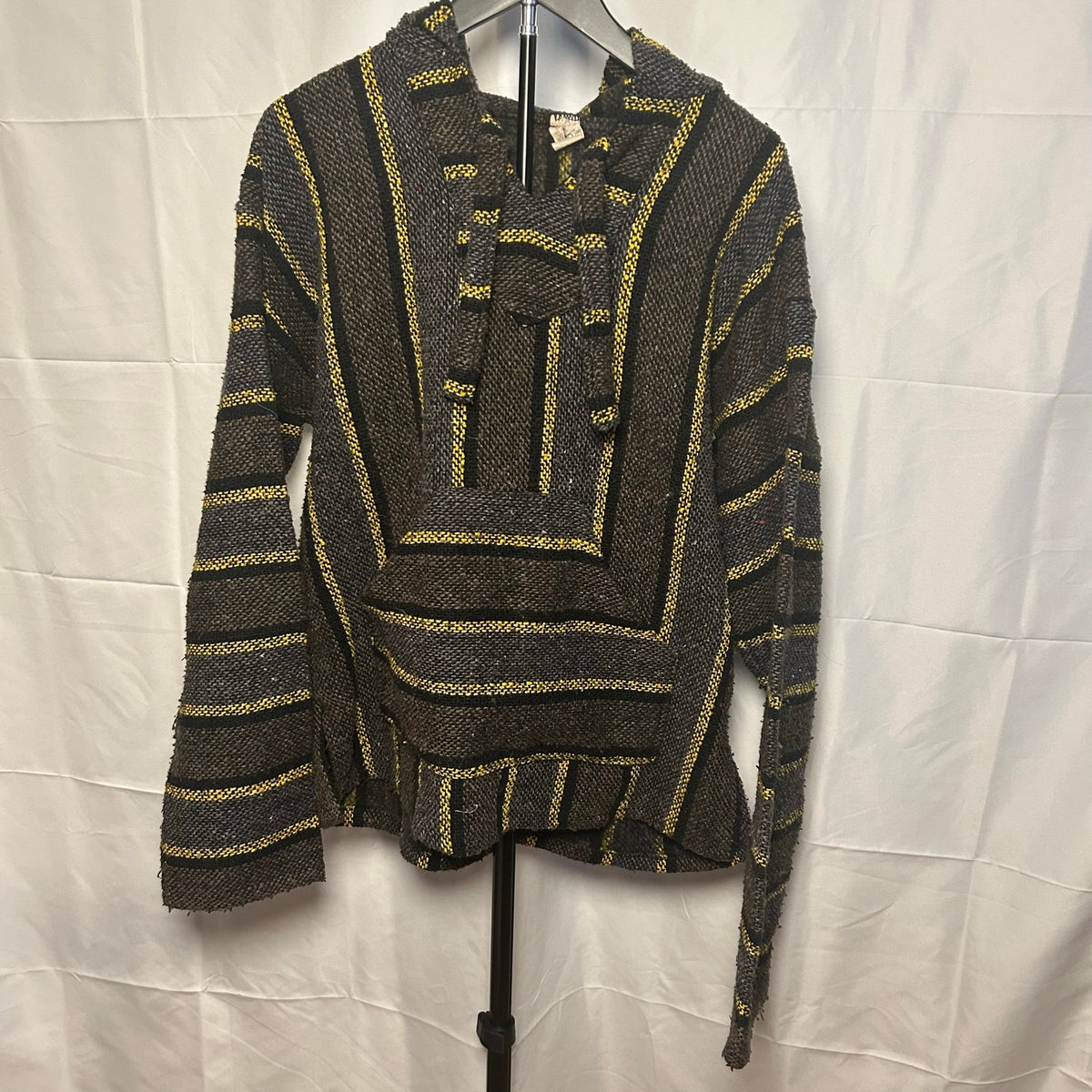 VTG Molina Baja Hoodie Charcoal Grey Yellow Striped Mexican Rug Hoodie Gorpcore