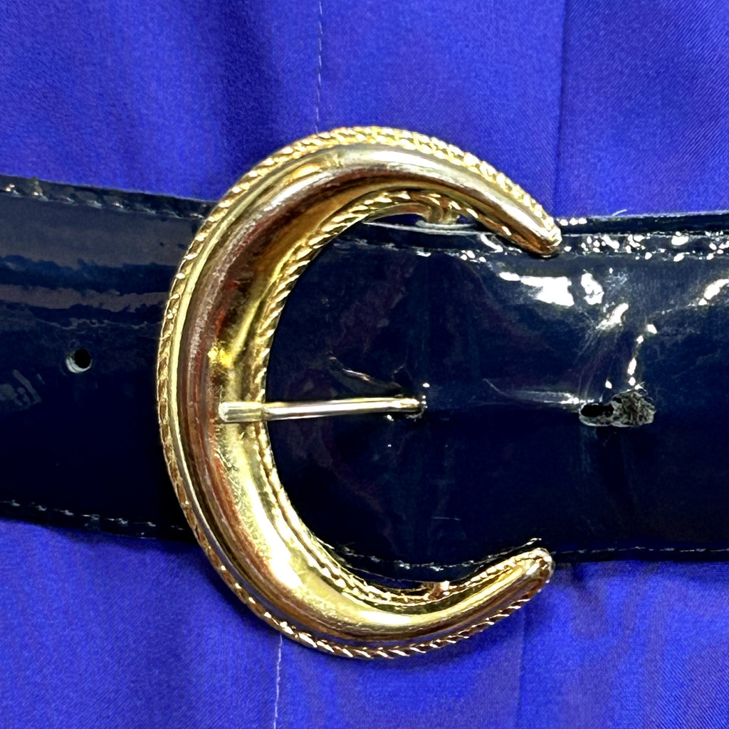 VTG 80s Glam Blue Belt Gold Crescent Buckle Patent Leather Retro Office Siren