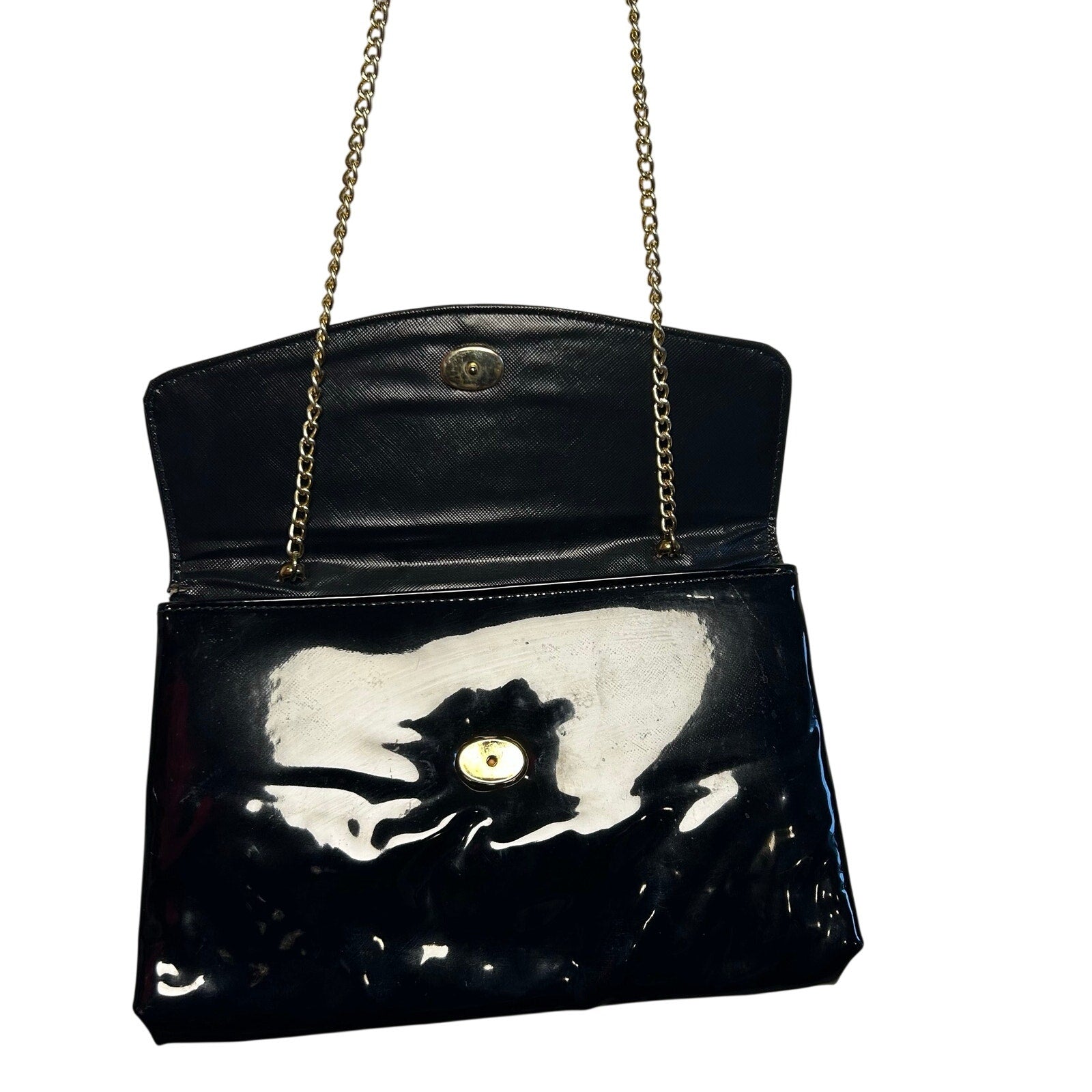 VTG 70s Patent Leather Black Gold Chain Convertible Clutch Shoulder Bag Purse