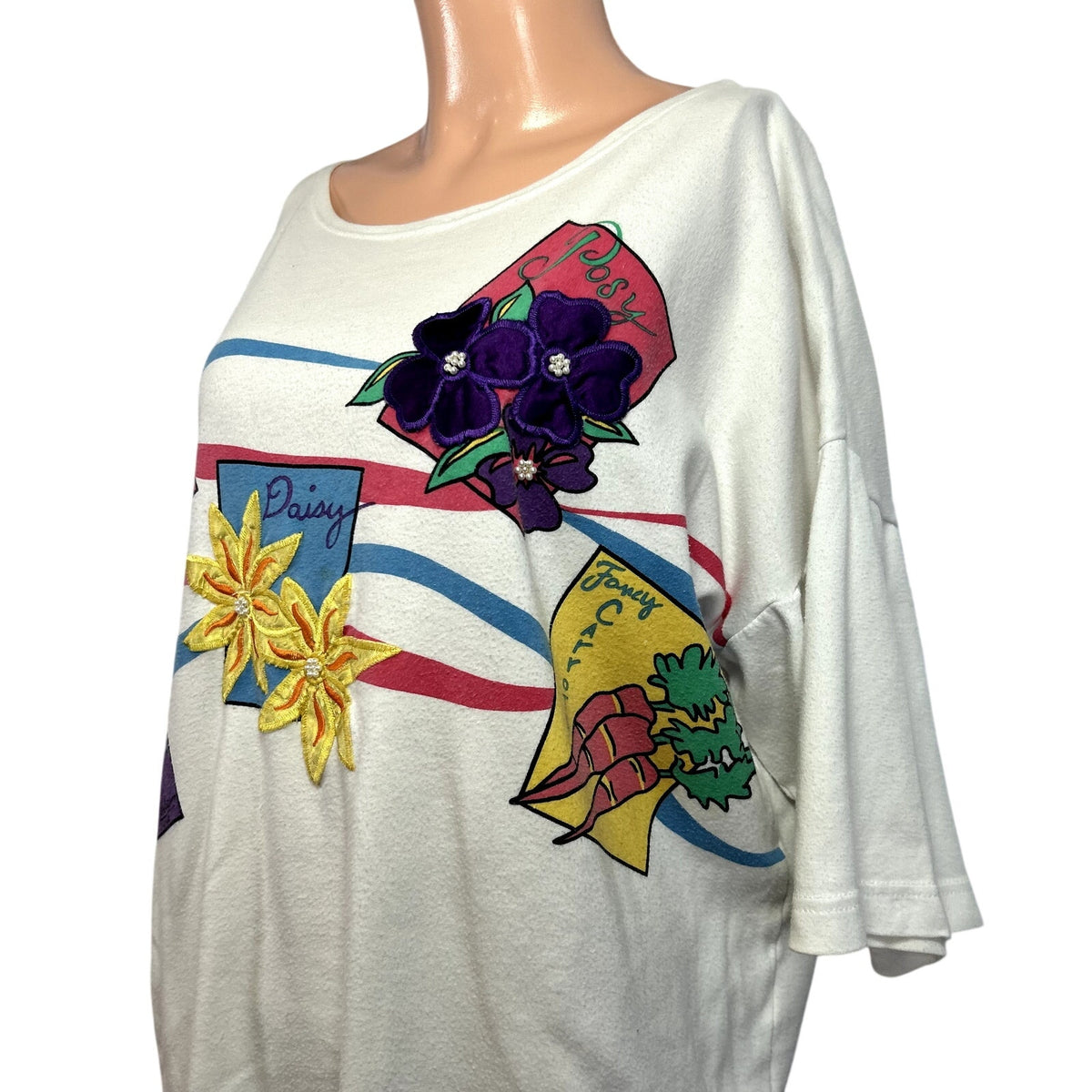 VTG 90s Architect L White Seed Packet Floral Beaded Applique Grandmacore Top