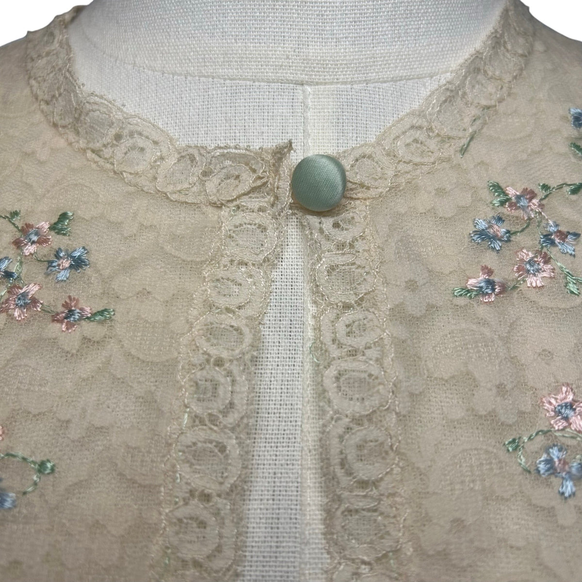 VTG 70s Blue Floral Lace Nightgown Sears XL Nylon Bridal Coquette Romantic Bow