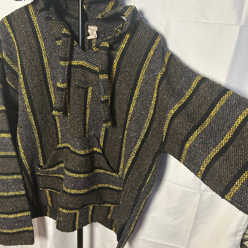 VTG Molina Baja Hoodie Charcoal Grey Yellow Striped Mexican Rug Hoodie Gorpcore